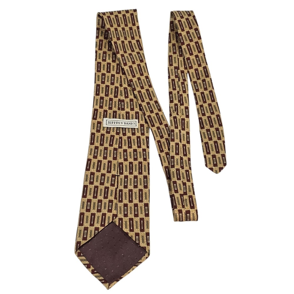 JEFFREY BANKS Silk Geometric Pattern‎ Necktie Gold Burgundy Black Men's Fashion